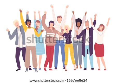 Group of People Standing with Raising Hands, Young Men and Women Having Fun or Celebrating Success Flat Vector Illustration