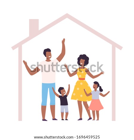 Mother, Father and Their Kids at Home, House Frame with Happy African American Family Inside Vector Illustration