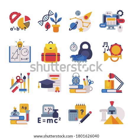 School Subjects Supplies Set, Education Symbols, Schooling and Learning Elements, Back to School Concept Flat Style Vector Illustration Foto stock © 