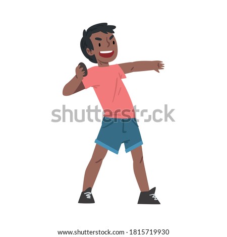 African American Boy Throwing Stones, Bad Child Behavior Cartoon Style Vector Illustration on White Background
