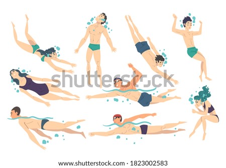 People Performing Water Activities Set, Men and Women in Swimwear in Swimming Pool, Water Swim Sport Cartoon Style Vector Illustration