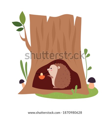 Funny Hedgehog as Forest Animal Reserving Mushrooms in Tree Hollow Vector Illustration Photo stock © 