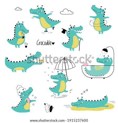 Cute Crocodiles in Different Situations Set, Funny Alligator Predator Animal Character Cartoon Style Vector Illustration