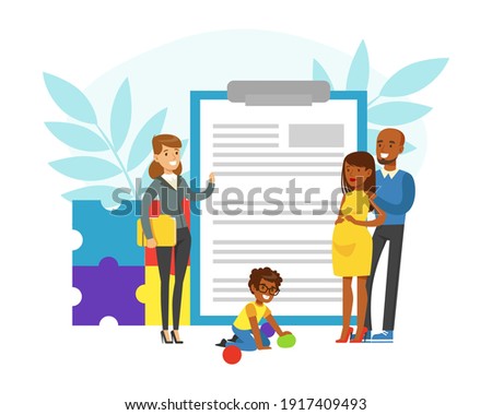 Family Insurance Service, Insurance Agent and Happy African American Family with Policy Cartoon Vector Illustration