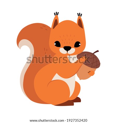 Red Fluffy Squirrel with Bushy Tail Holding Acorn Vector Illustration