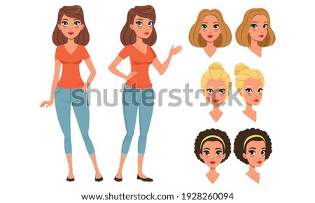 Pretty Girl in Various Poses and Haircuts Set, Beautiful Young Woman Character Creation Cartoon Vector Illustration