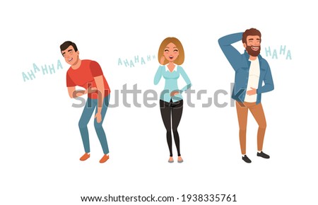 Positive Young Men and Woman Laughing out Loudly Set, Happy People Bursting with Laughter Cartoon Vector Illustration