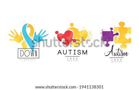 Autism and Down Syndrome Awareness Logo Templates Set, Kids Center, Charitable Organization Bright Colorful Emblems Vector Illustration