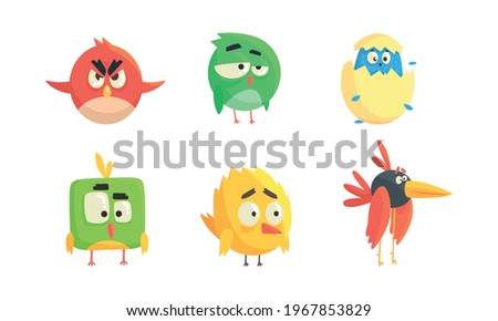 Set of Cute Funny Birds, Colorful Little Birdies with Funny Faces Cartoon Vector Illustration