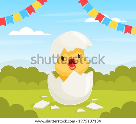 Cute Duckling Baby Hatching from Egg on Beautiful Summer Landscape Vector Illustration