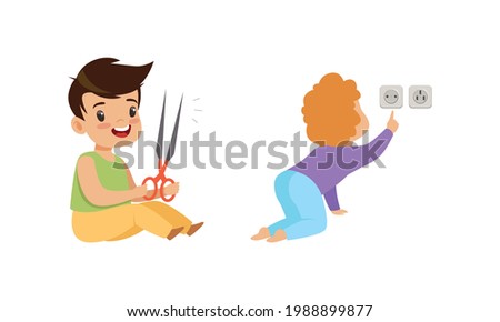 Kids in Dangerous Situations Set, Boy Playing Scissors, Toddler Baby Touching Electrical Socket Cartoon Vector Illustration