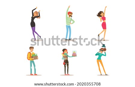 Set of Happy People Having Fun at Party, Friends Celebrating Holiday Cartoon Vector Illustration