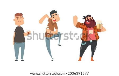 Tipsy Man Character Drinking Alcoholic Beverage Vector Set Foto d'archivio © 