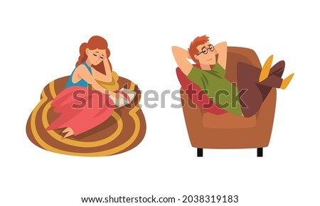 Man Lounging in Armchair Daydreaming and Woman Reading Book Staying Home Vector Set