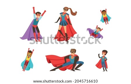 Superhero Characters Set, Superman and Superwoman Characters Wearing Costumes and Capes Cartoon Vector Illustration Foto d'archivio © 