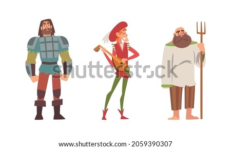 Medieval Peasant with Pitchfork and Bard Playing Lute Vector Set