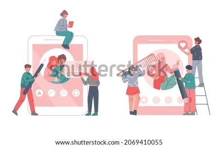 Smartphone Setting with Young Man and Woman Engaged in Photo Retouch Adjustments Vector Set