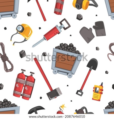 Coal Mining Industry with Shovel and Drill Tool Vector Seamless Pattern