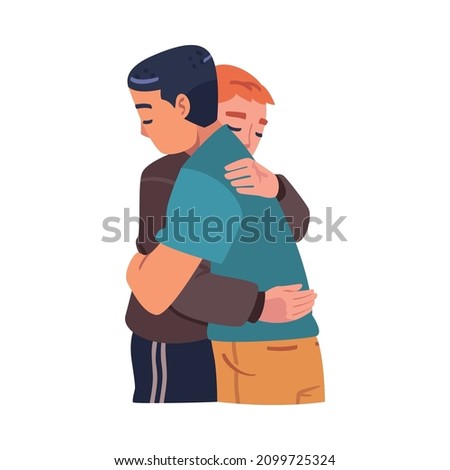 Man Character Hugging and Embracing Each Other Expressing Friendly Feeling Vector Illustration