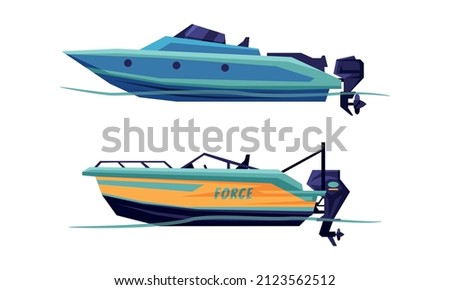 Motorboat or Speedboat as Watercraft or Swimming Water Vessel Powered by Engine Vector Set