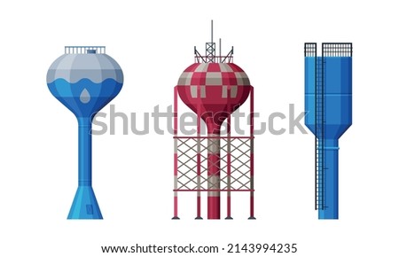 Elevated Water Tower with Tank as Water Supply Storage Vector Set