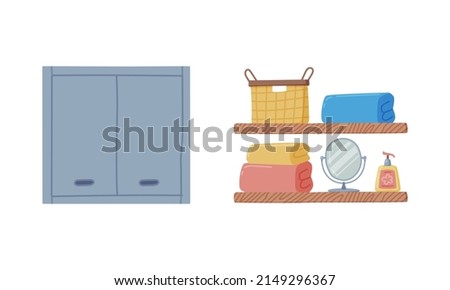 Bathroom Wall Mounted Shelf with Hygienic Accessories and Folded Towel and Cabinet Vector Set Stockfoto © 