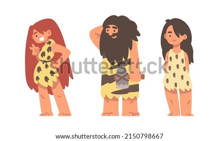 Standing Primitive Man and Woman Character from Stone Age Wearing Animal Skin Vector Illustration Set Stock fotó © 