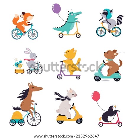 Cute Animal Character Riding Bike and Scooter Vector Set