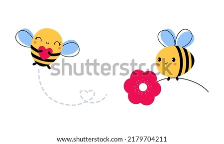 Cute Little Honey Bee with Wings and Black Stripes Flying with Flower and Heart Vector Set