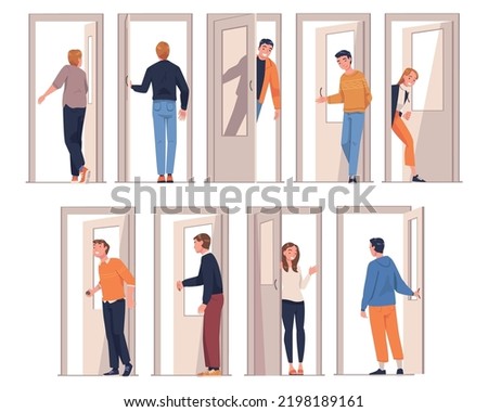 People Character at the Door Opening and Closing It Entering and Leaving Home Vector Illustration Set