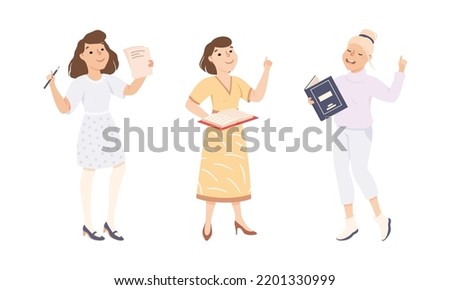Woman School Teacher or Educator Standing with Book Explaining Something Vector Set Photo stock © 