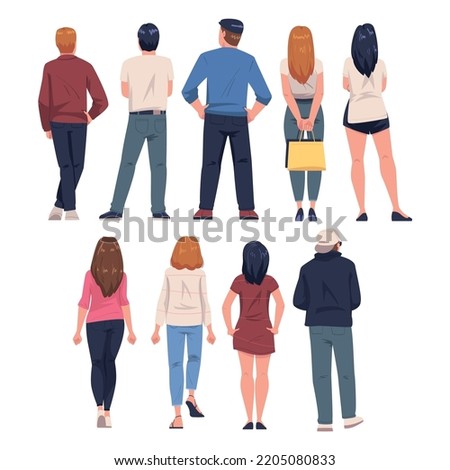 People Characters Standing in Row Back View Vector Illustration Set