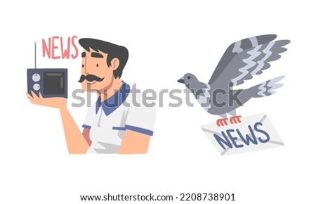 Man Character Gathering News Listening to Radio and Pigeon Carrying Envelope Vector Set