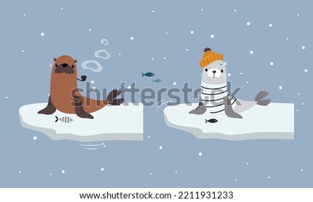 Set of cute wild polar animals. Walrus and fur seal marine mammals vector illustration