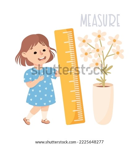Little Girl with Ruler Measuring Height of Flower in Pot as Demonstration of Vocabulary and Verb Studying Vector Illustration