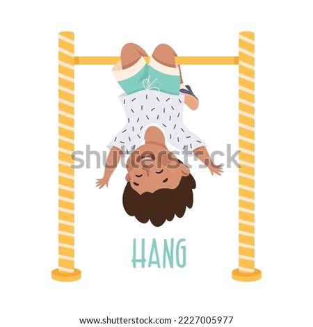 Little Boy Hanging Upside Down on Horizontal Bar Demonstrating Vocabulary and Verb Studying Vector Illustration