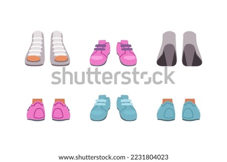 Footwear set, front or back view. Stylish fashion female shoes, sneakers and high heels cartoon vector illustration