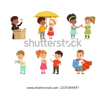 Kind and Fair Little Girl and Boy Character Sharing Apple and Umbrella, Wearing Shield and Cape Protecting Weak Vector Illustration Set