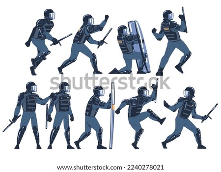 Riot Police Officer and Squad in Uniform and Helmet with Shield and Baton Confronting Crowds Vector Set