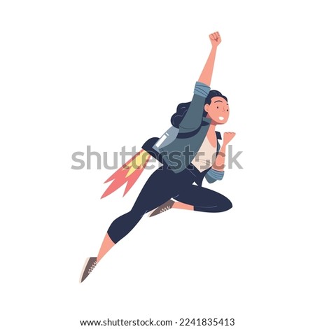 Happy Woman Character with Jetpack Flying Propelling Through the Air Vector Illustration