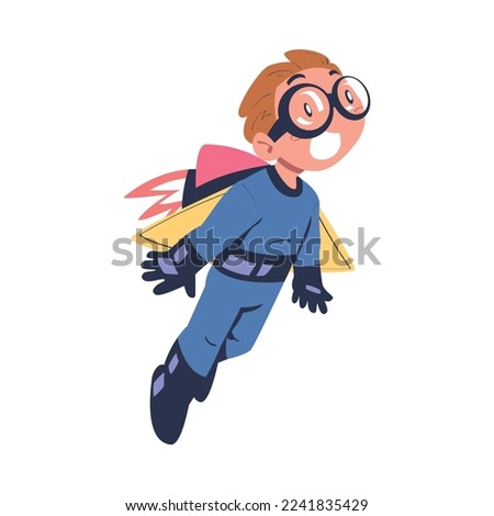 Excited Boy Character with Jetpack Flying Propelling Through the Air Vector Illustration