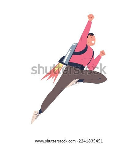 Happy Man Character with Jetpack Flying Propelling Through the Air Vector Illustration