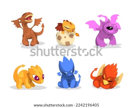 Baby Dragon as Funny Fantastic Creature with Wings Vector Set