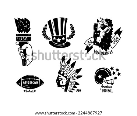 USA Black Logo Badges with Torch, Top Hat, Bull, Rugby Ball, Indian and Football Helmet Vector Set