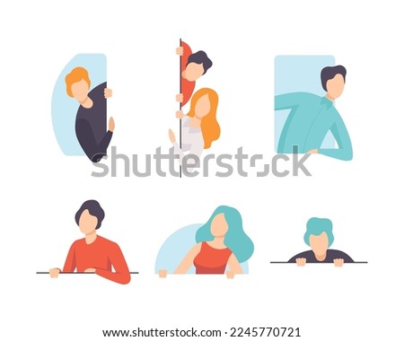 People Character Looking Out of Different Shaped Windows Vector Set