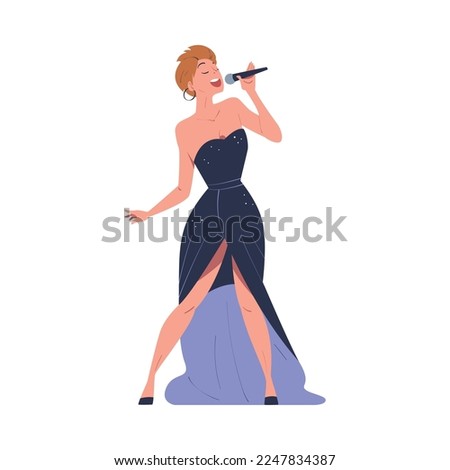 Beautiful woman performing with microphone. Woman singer in evening dress singing song cartoon vector illustration
