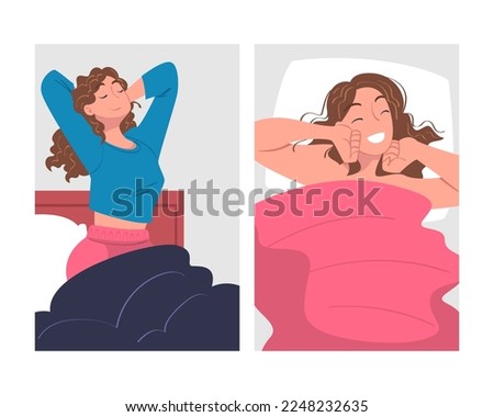 Woman Character Waking Up Feeling Happy Stretching Out in Bed Ready to Get Up in the Morning Vector Set