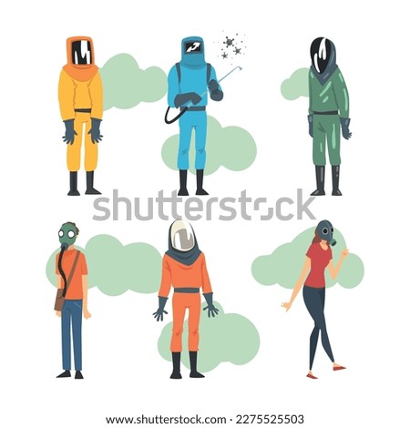 Set of people wearing hazmat protective clothing and gas masks cartoon vector illustration