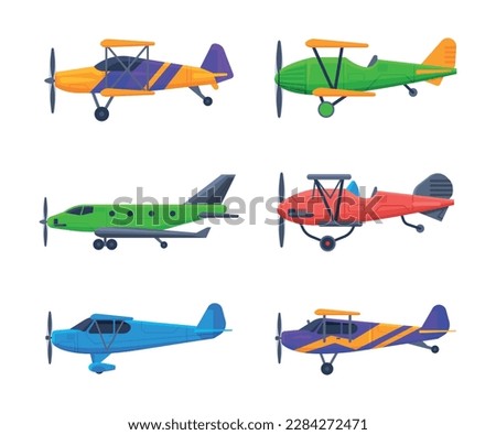 Airplane with Propeller and Wings Side View Vector Set