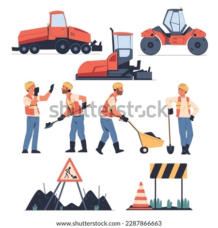 Road Repair with Workers in Special Uniform and Machines Vector Set